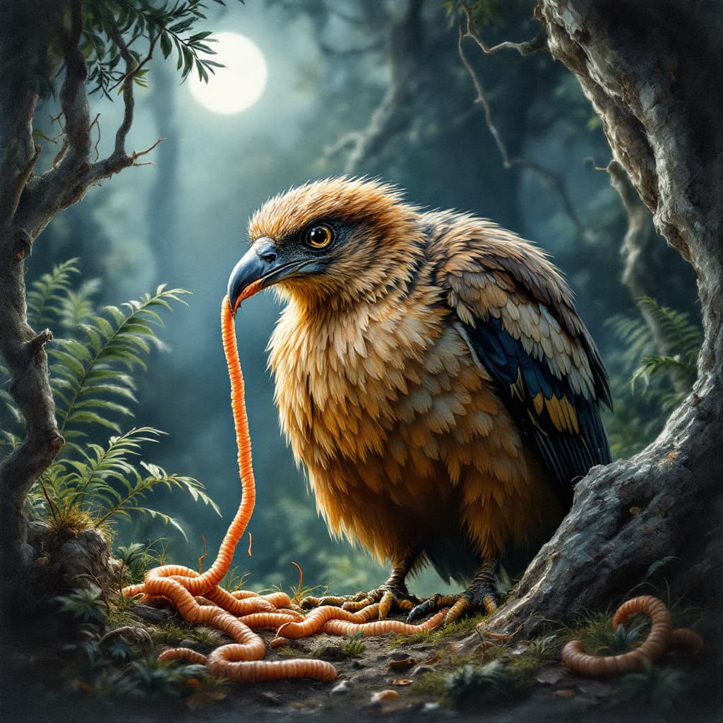 AI generated: Birds of Prey painting, a North Island brown kiwi bird is foraging and hunting for worms on the fore...