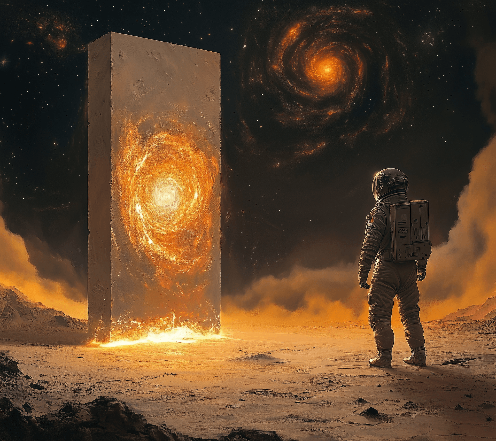 AI generated: A man in an astronaut suit stands on the surface of Mars, next to him is his robot pet and behind th...