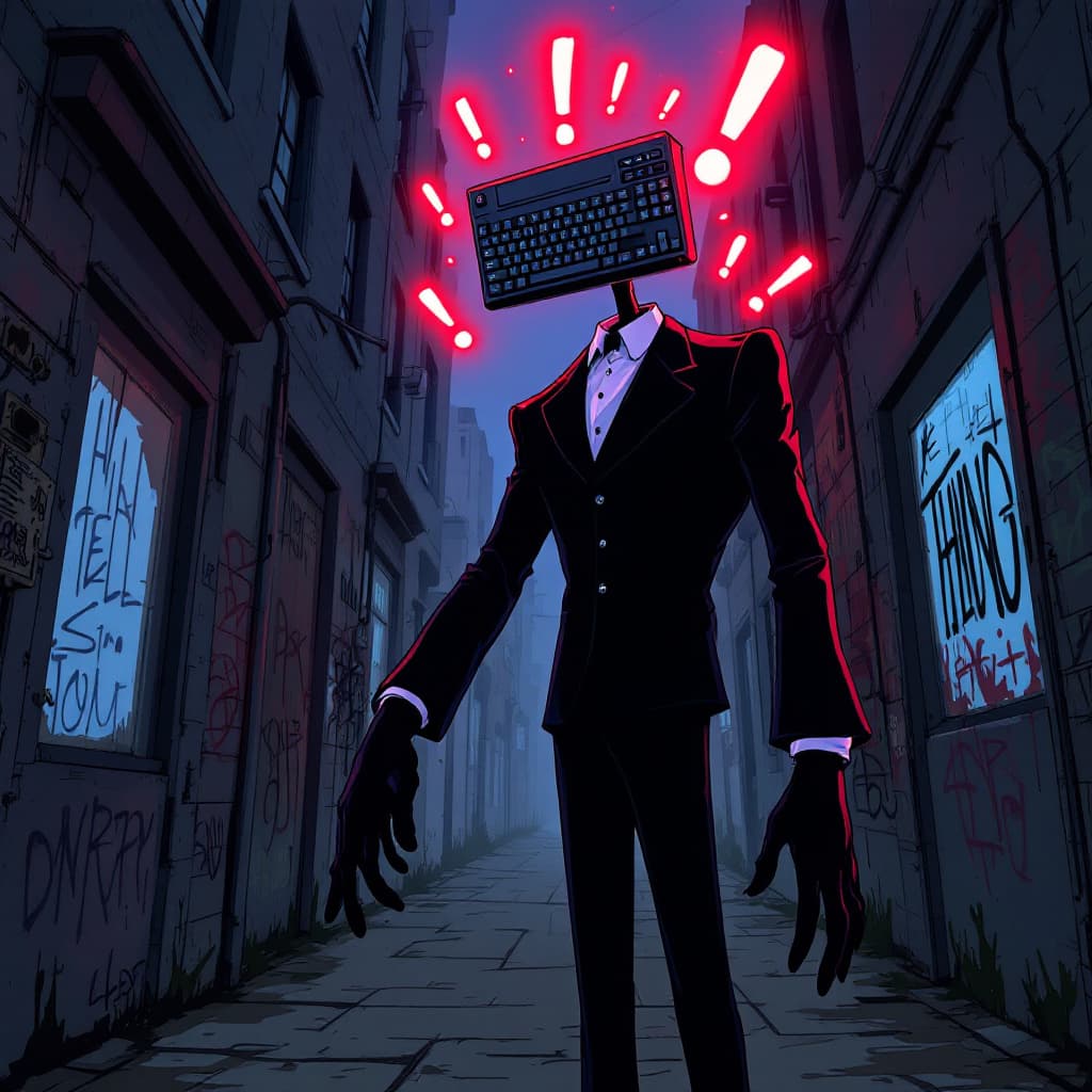 AI generated: a humanoid very thin and tall figure with black gloves in a full-length formal suit, with curved sho...