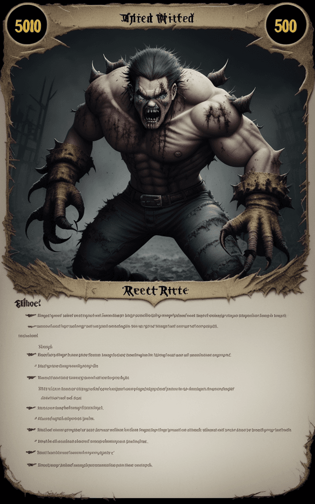 AI generated: grunge border add bold text""Rotclaw the Wretched"" complex zombie apocalypse card include name "Rot...