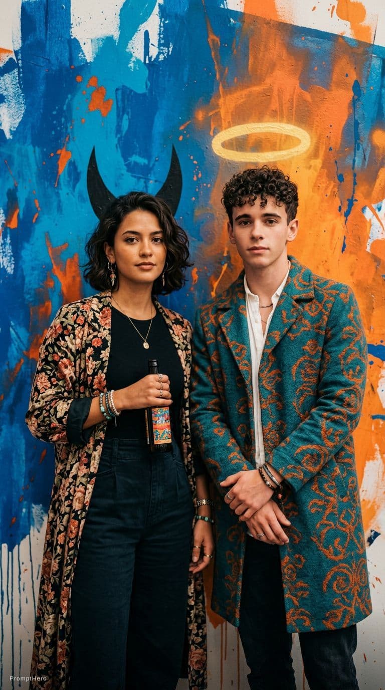 AI generated: A photo of a real man and woman standing side-by-side. Behind them is a wall with an abstract mix of...