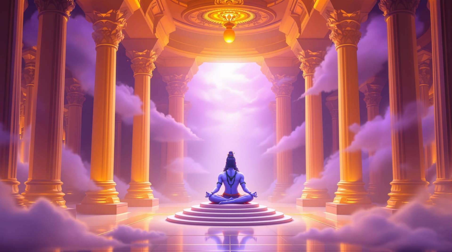 AI generated: "Design a detailed temple interior where Lord Shiva is meditating in the center, surrounded by glowi...