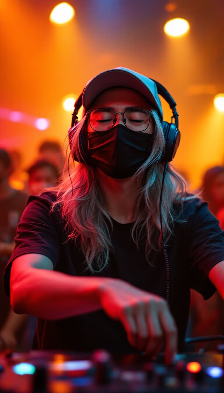 AI generated: An asian, closed eyes, DJ with a face masked and glasses wearing a baseball cap, gray-silver long ha...