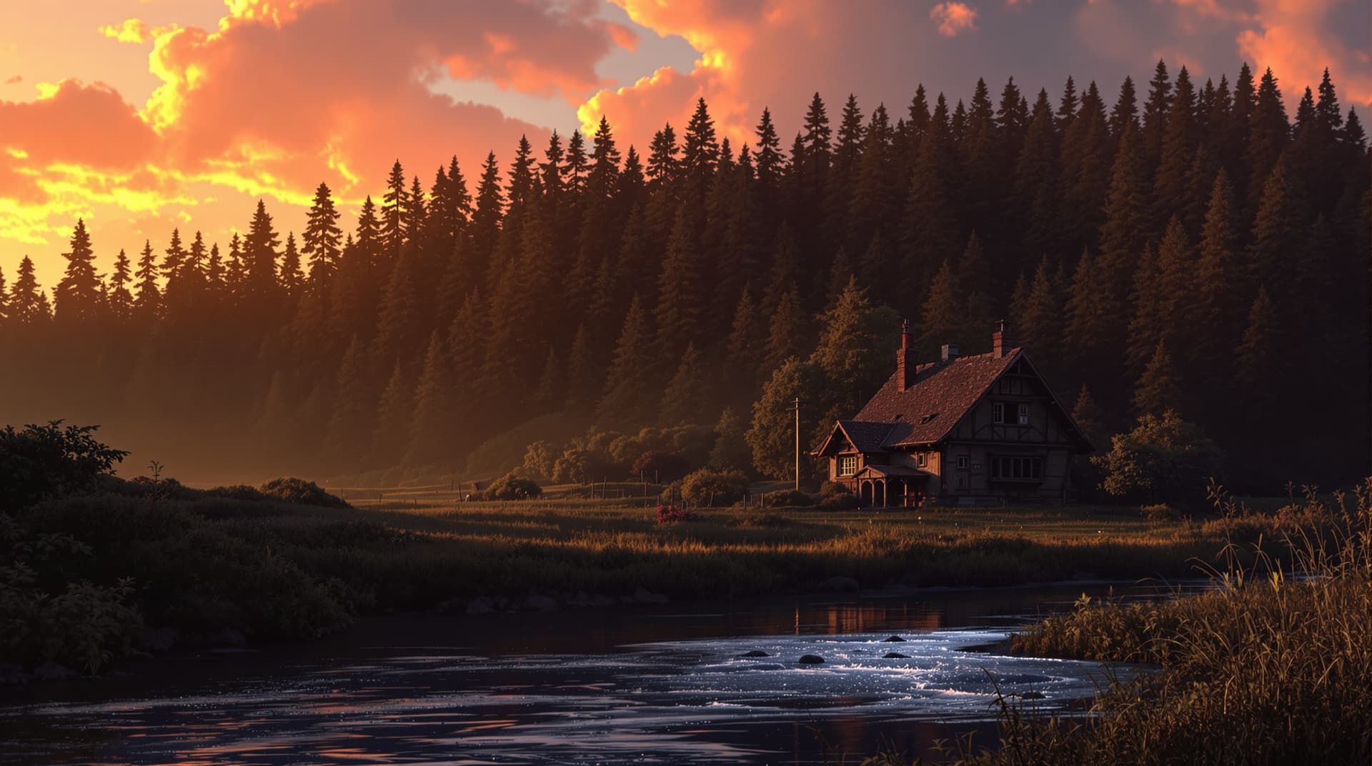 AI generated: "A mysterious small countryside house sits peacefully by a river, with a dense forest rising behind ...