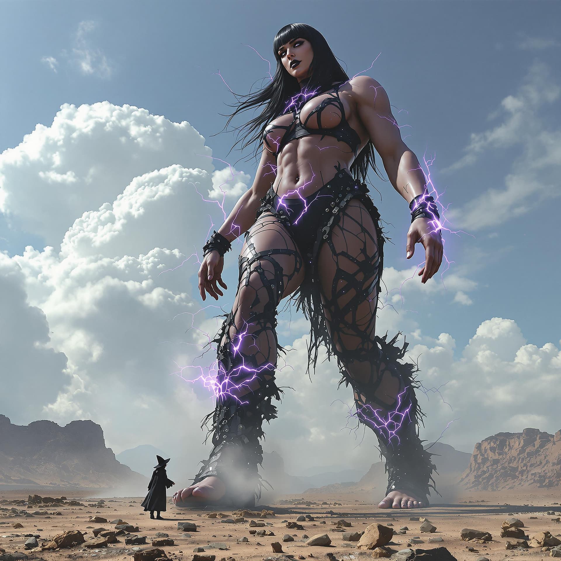 AI generated: enormous giantess female Rhea Ripley from WWE with black medium length hair and straight bangs, bigg...