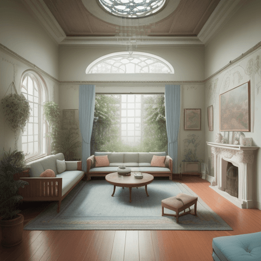 AI generated: High resolution photography interior design, dreamy sunken living room conversation pit, wooden floo...