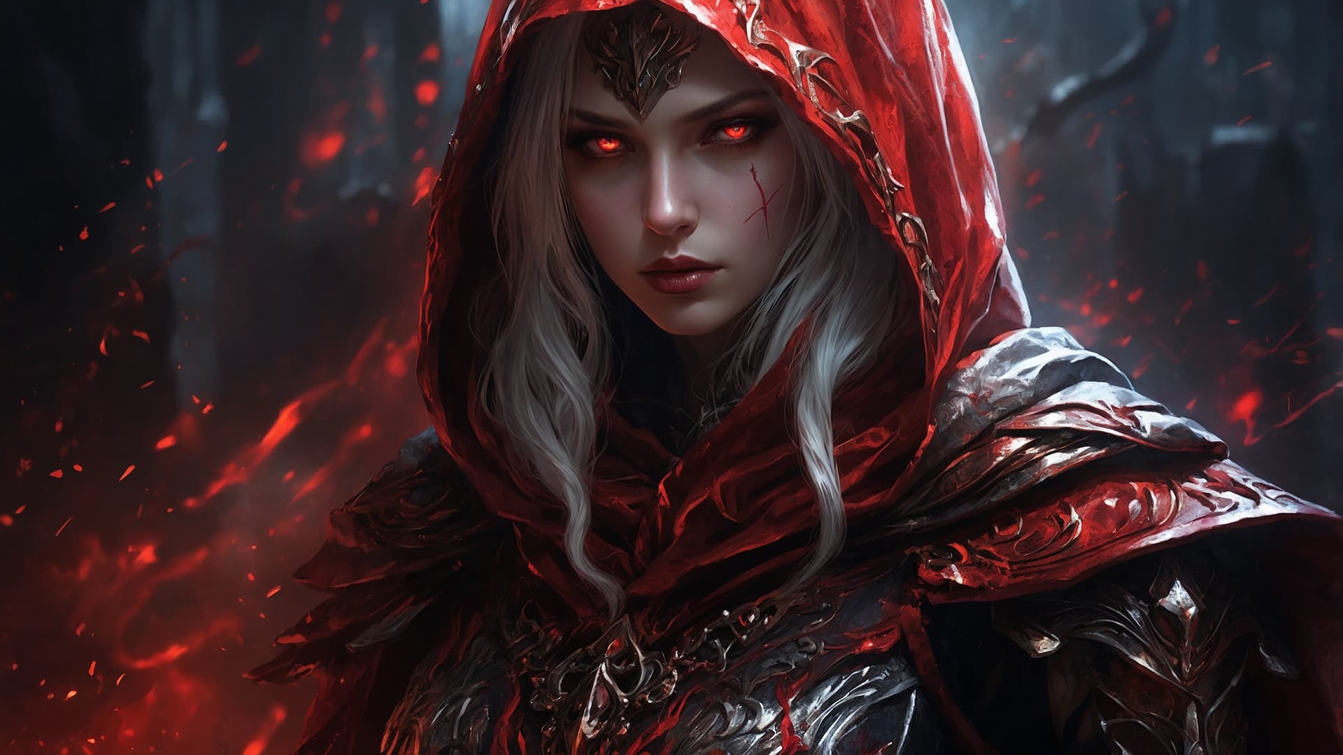 AI generated: Digital fantasy artwork featuring a female character with a striking and intense appearance. She has...
