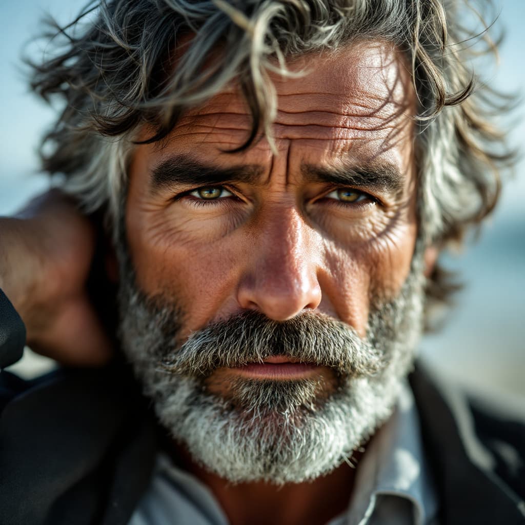 AI generated: A close-up portrait of a man with a thick, neatly trimmed gray beard and mustache, medium-length, sl...