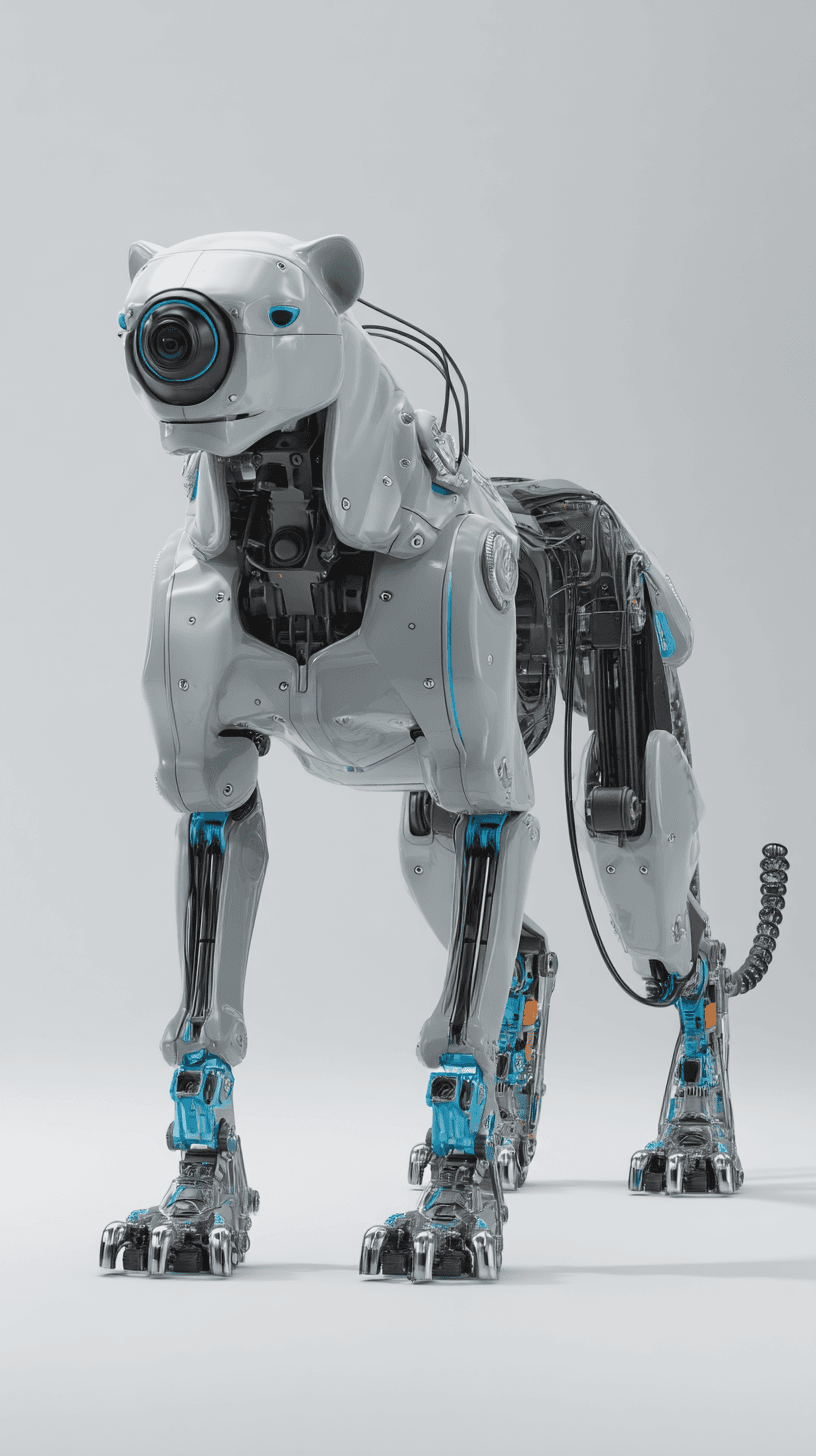 AI generated: A gray robotic [cheetah] with [four robotic legs], standing in a neutral pose, side view. On its hea...