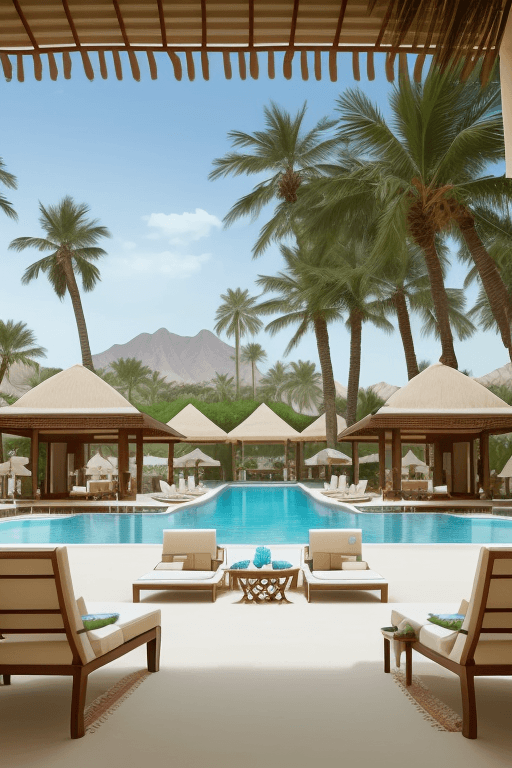 AI generated: Luxuriousness arabian style beach resort hotel, on the coast, white sandy beach,  bungalows, restaur...