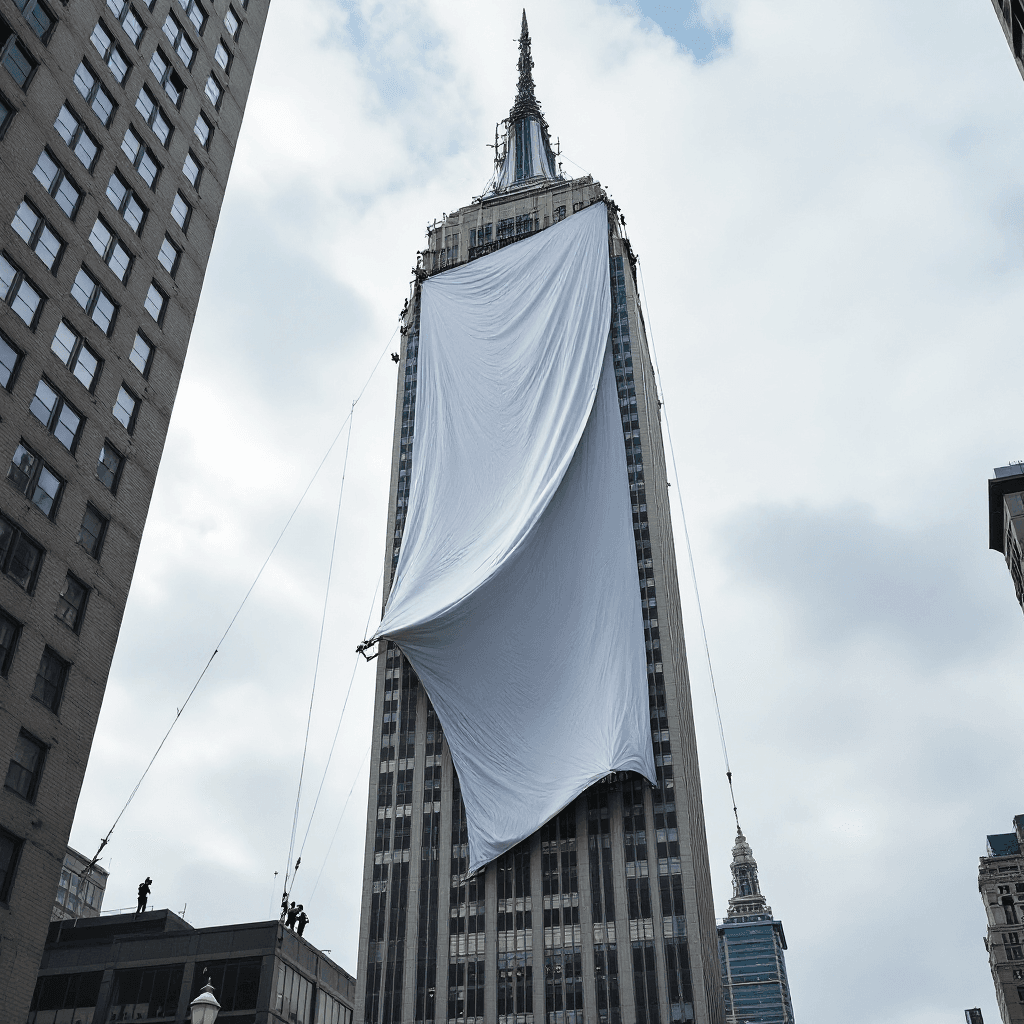 AI generated: The iconic Empire State Building in New York City, with a team of workers carefully installing a mas...