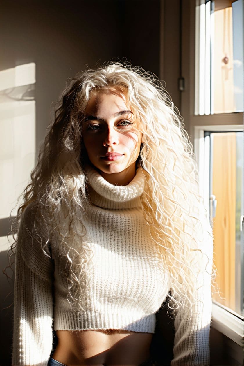 AI generated: girl with long blonde curly soft hair, wears a mohair turtleneck crop-top, morning sunlight in a Swe...