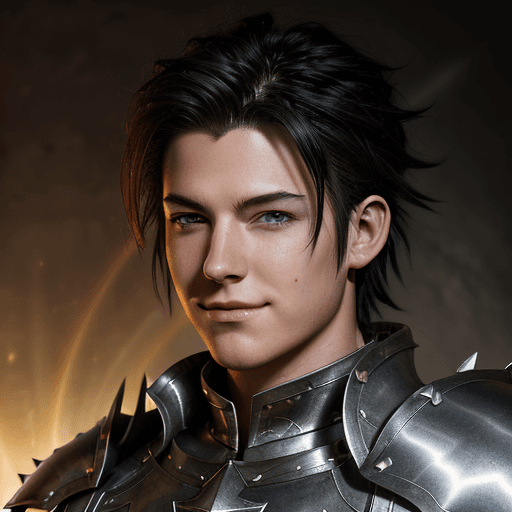 AI generated: High resolution fantasy character portrait, handsome man, spiked anime dark hair, smirk, sunburst ey...