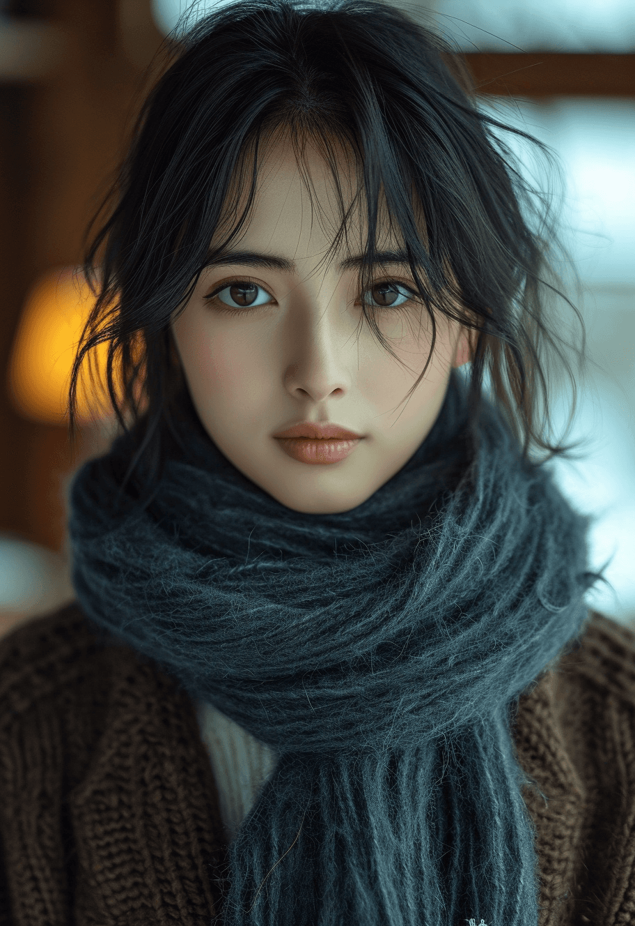 AI generated: beautiful young woman posed with scarf for a photoshoot, in the style of miho hirano, distinct facia...