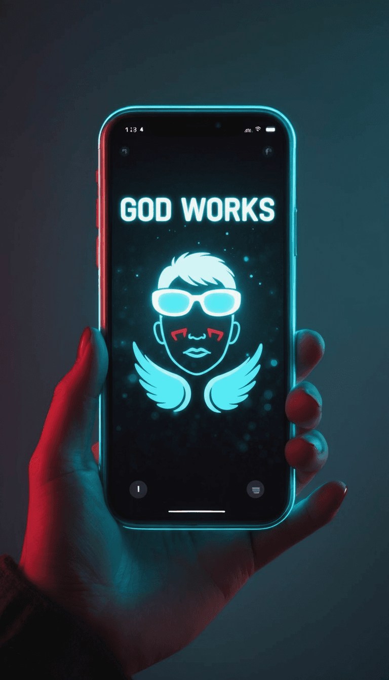 AI generated: Macroview A  woman’s  face in Style of a company logo in screen of a mobile phone held by a holograp...