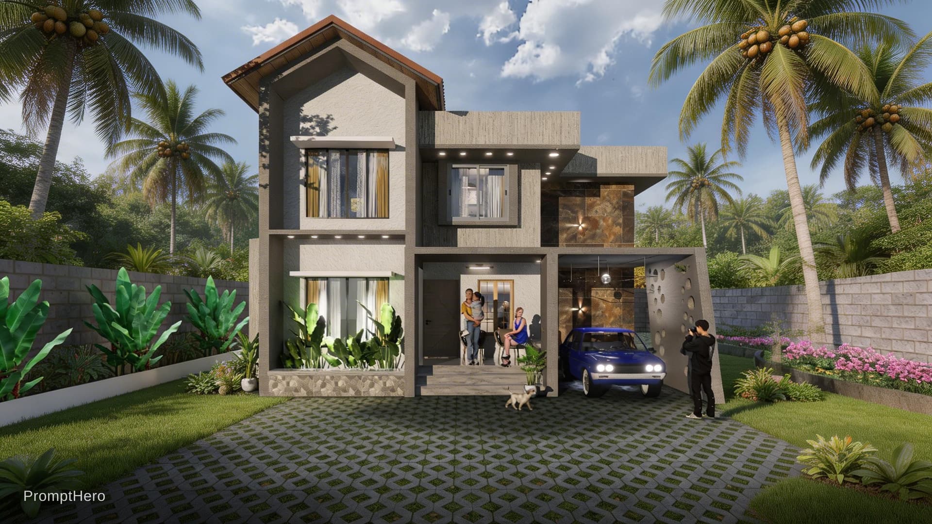AI generated: Ultra-realistic Kerala tropical landscape with tall coconut trees, dense green foliage, and lush gar...