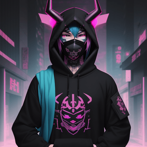 AI generated: soldier, shikigami, anime men, Ninja, wearing black with pink and cyan hoodie, marks, demon horns, t...