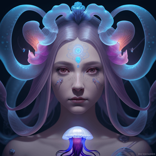 AI generated: Goddess close-up portrait ribcagel. jellyfish phoenix head, nautilus, orchid, skull, betta fish, bio...