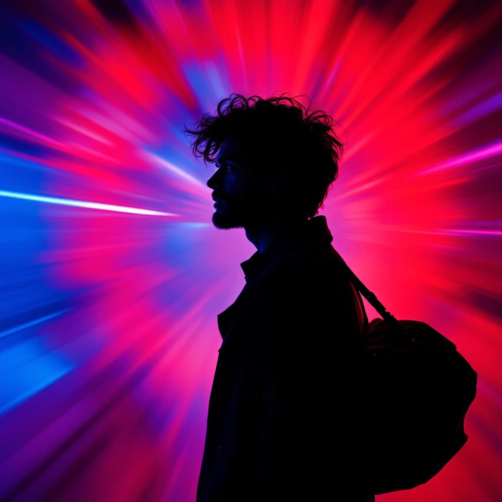 AI generated: photography, portrait. power of contrast, man model, profile full body angle, holding a large bag, s...