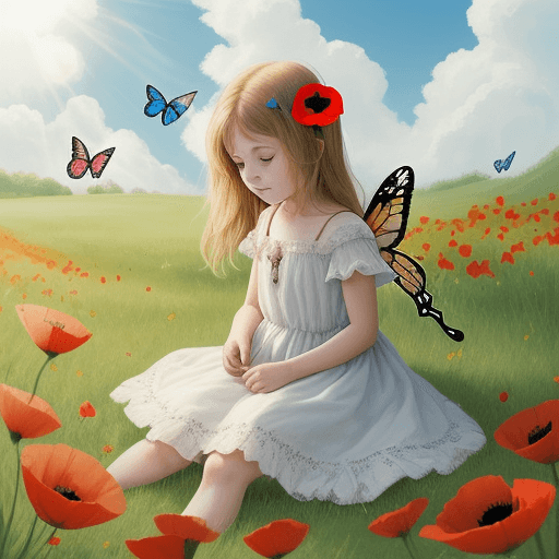 AI generated: girl in a dress, holding a butterfly on her finger, on the lawn, the sun is shining, clouds are pass...
