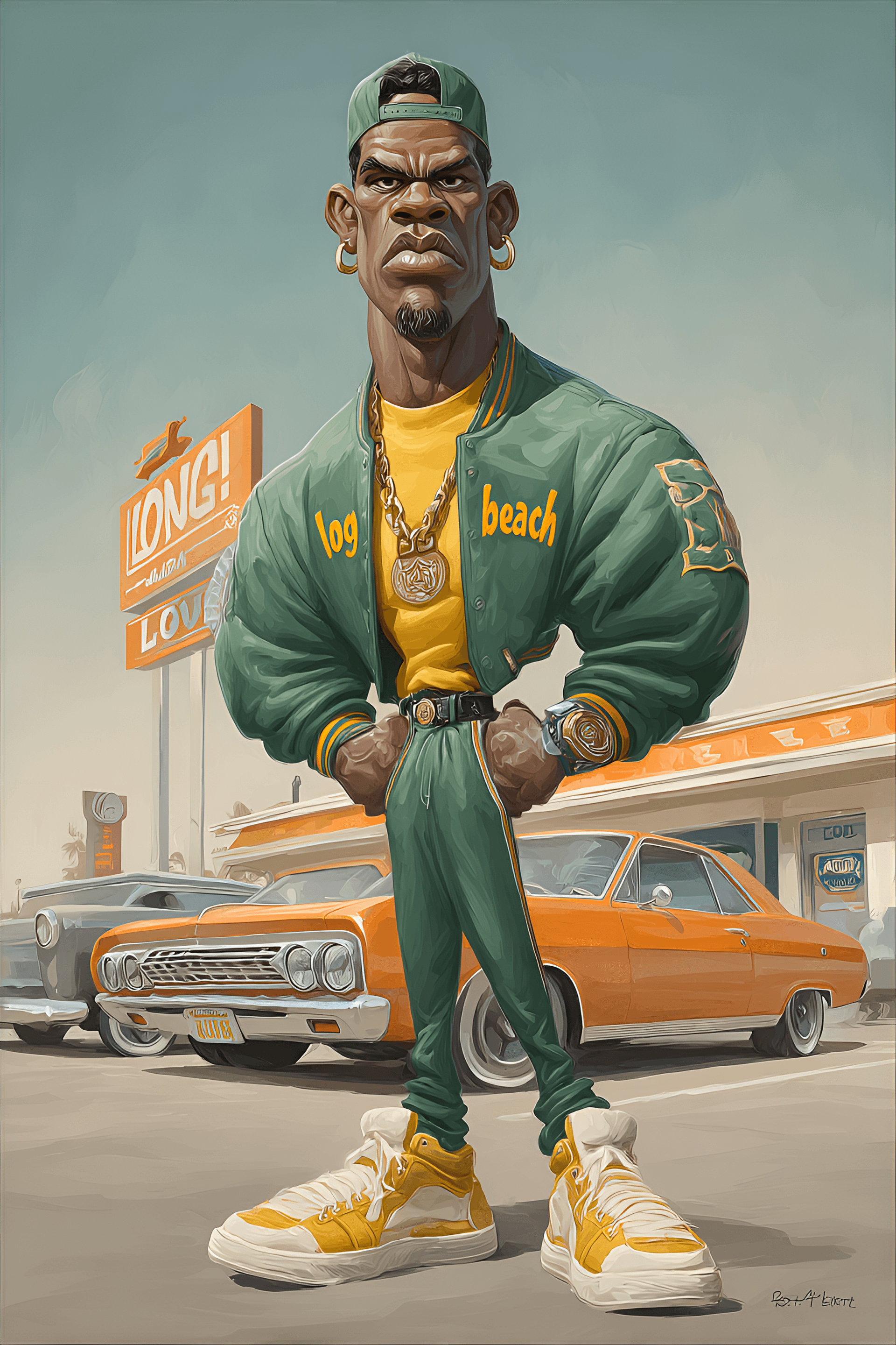 AI generated: funny caricature, exaggerated retro athlete, african american ethnicity, 28 years old, tall, muscula...