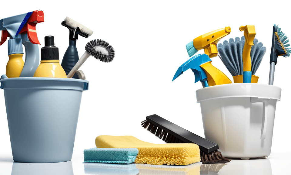 AI generated: A mixture of cleaning tools for home in white background