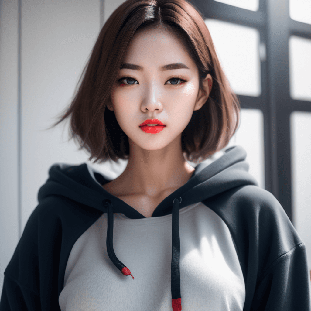 AI generated: beautiful Korean girl, Cute Loose Bob hair, wearing a cropped hoodie, capri sweatpants, hands in poc...