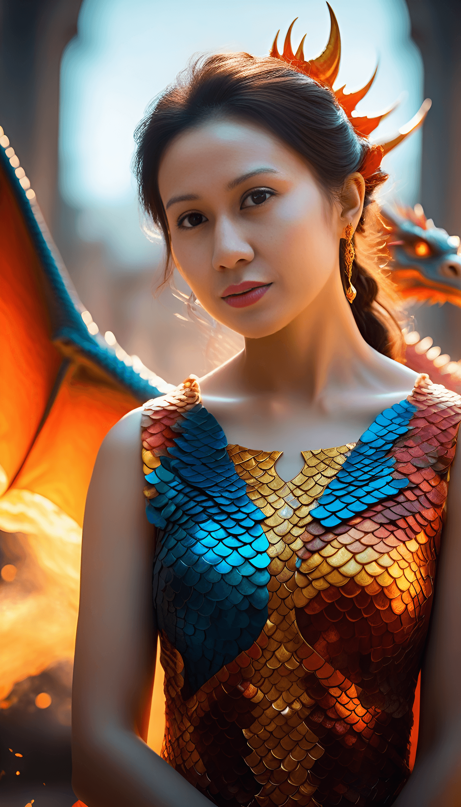AI generated: A powerful and elegant woman perfectly integrated with the essence of the dragon, Imaginative and vi...