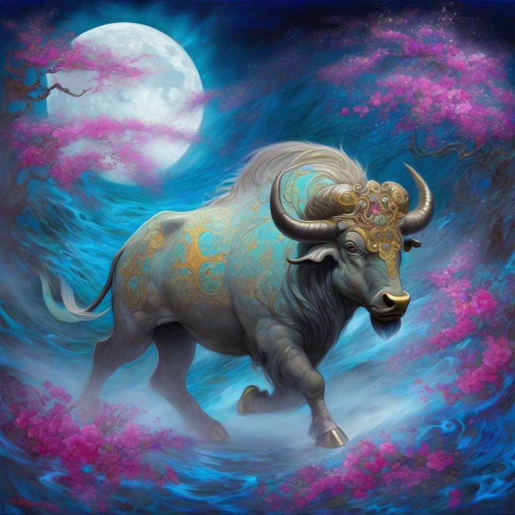 AI generated: wise, zen, mitras-cult, moon-eyed, feathered, Minotaurus, crawling out of the dark, blue magenta smo...