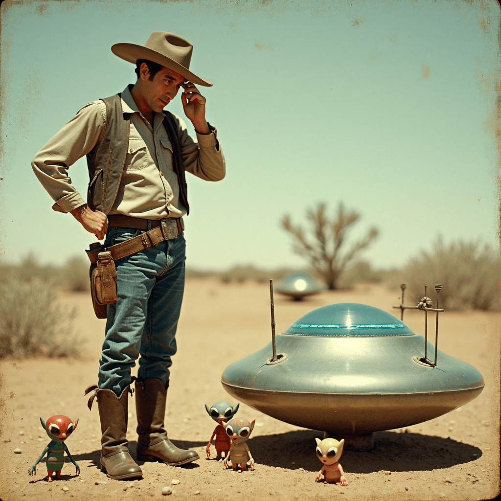 AI generated: A cowboy stands thoughtfully beside a small flying saucer resting on the ground, scratching his head...