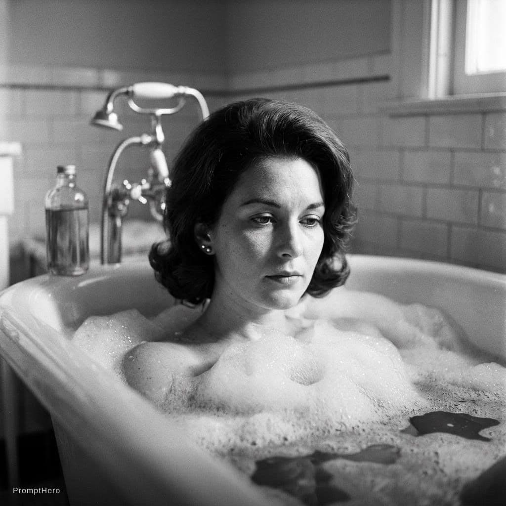 AI generated: NSFW, analog photo, film grain, upper body of a beautiful woman in a bath tub, deep water, lots of s...