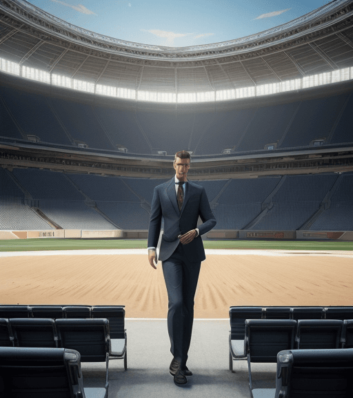 AI generated: man in a suit sat in an empty stadium on his own looking pensive, soft focus, SLR image, sporting he...