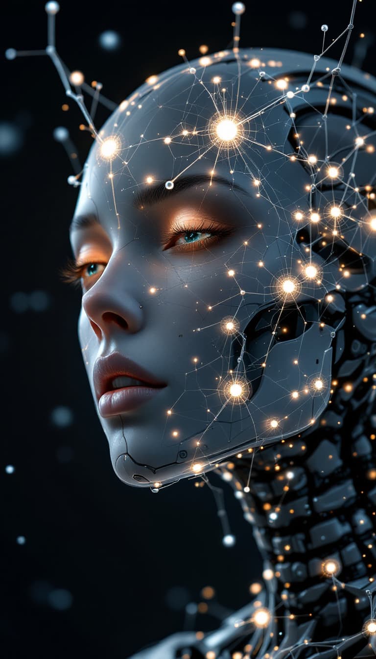 AI generated: A stunning illustration of an ethereal neural network organism, face and body is robotic skeleton, s...