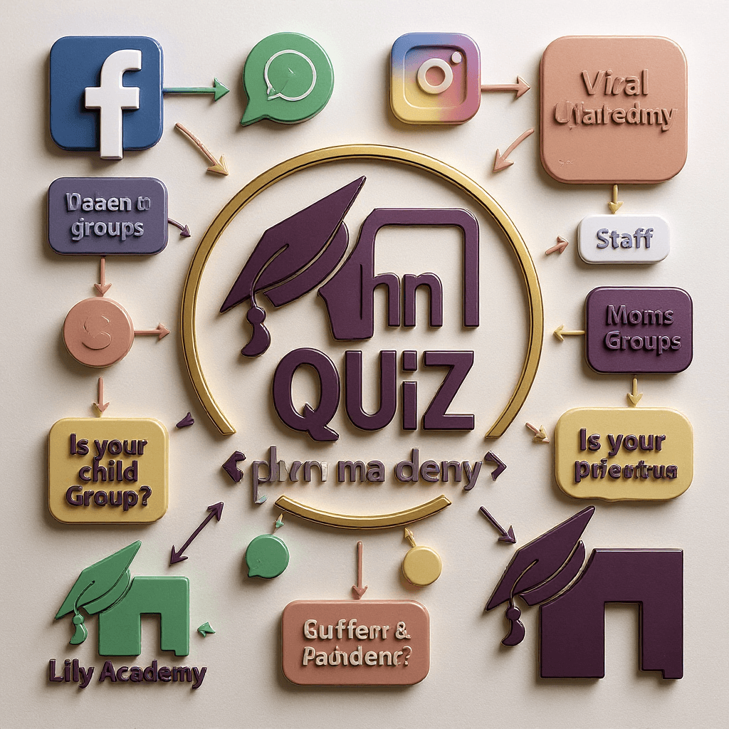 AI generated: Create a 3D illustration of a viral marketing plan for the quiz, showing communication channels: Fac...