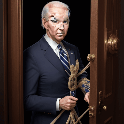 AI generated: Biden as a marionette with strings leaving through the door;  High Resolution 8k, intricate detail,