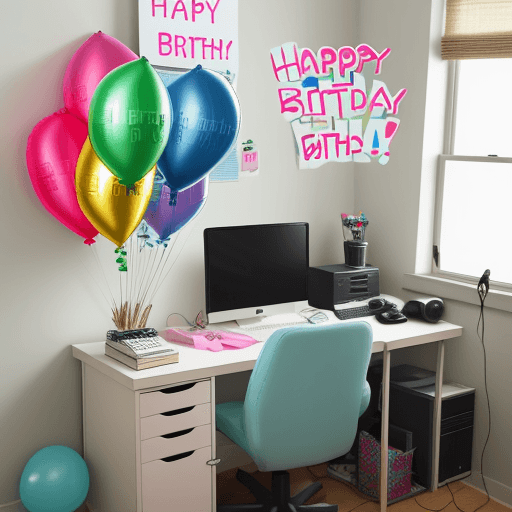 AI generated: A home office, with a computer and a set of headphones, decorated with balloons and a birthday sign ...