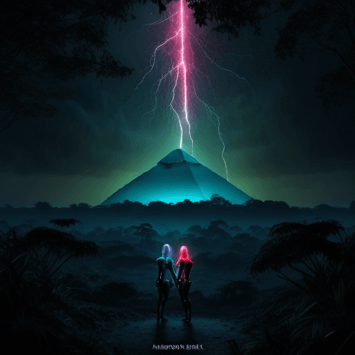 AI generated: 2 mysterious pyramids. rain forest landscape. nebula sky. electric sparks. 2 female robots