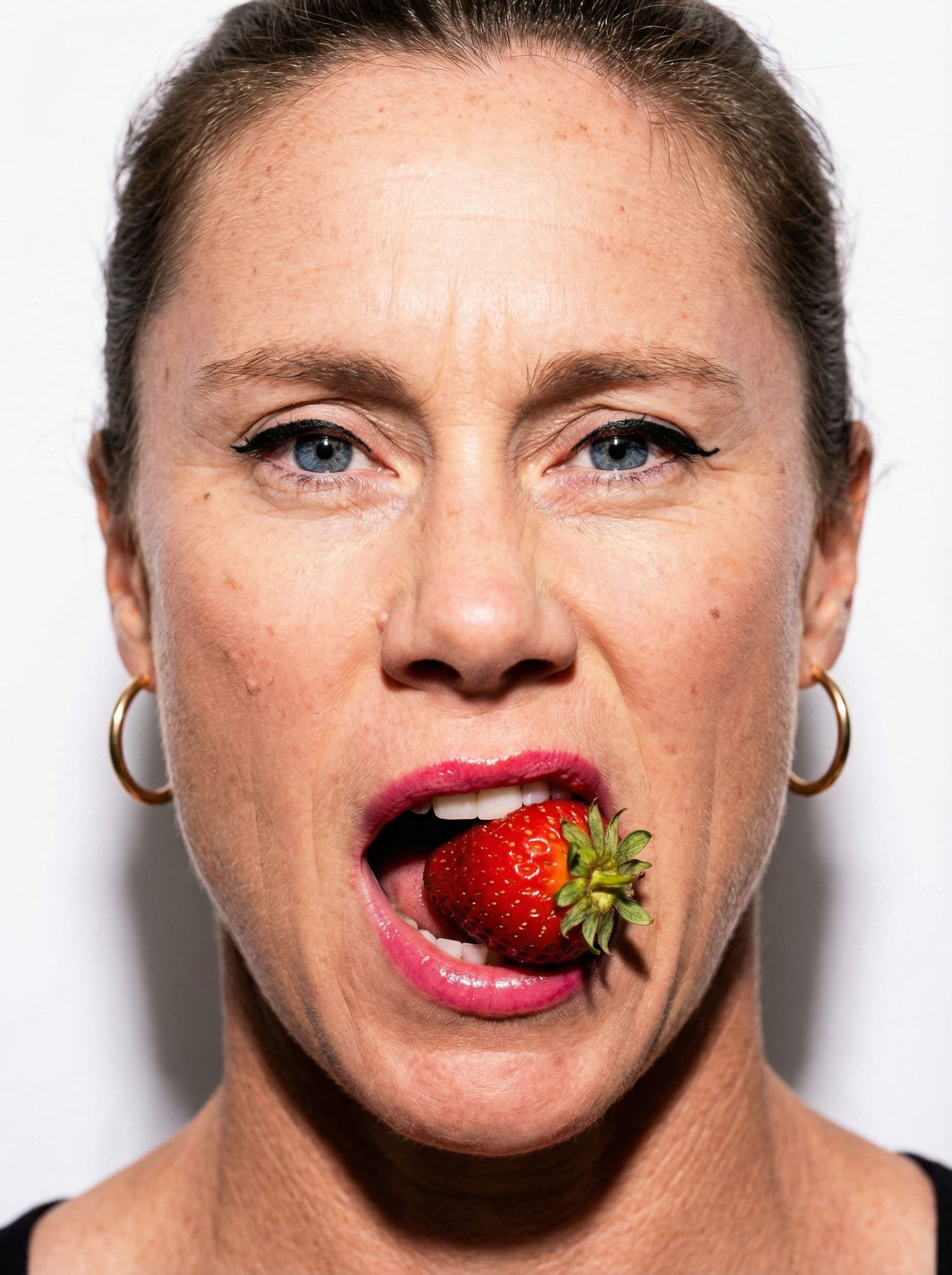 AI generated: { "subject": { "gender": "female","pose": "close-up of face,lips parted biting strawberry","expressi...