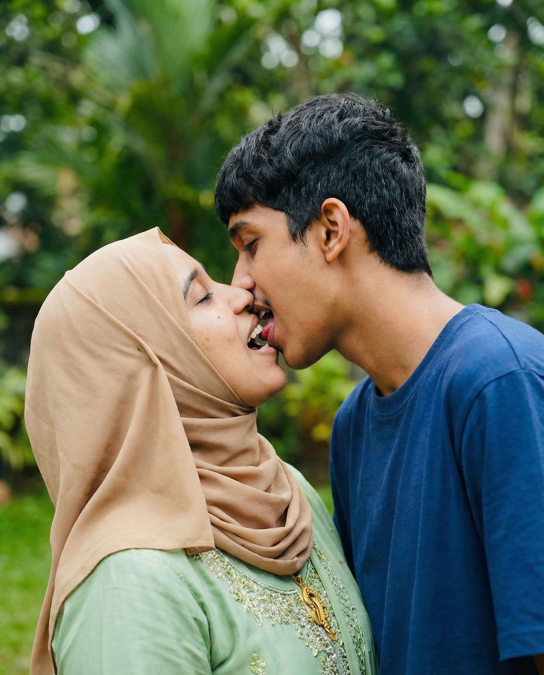 AI generated: passionate open mouth kissing