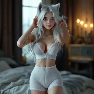 AI generated video: Hands rubbing ears. Wolf ears move, twitch and swivel. Tail swishes and moves. 