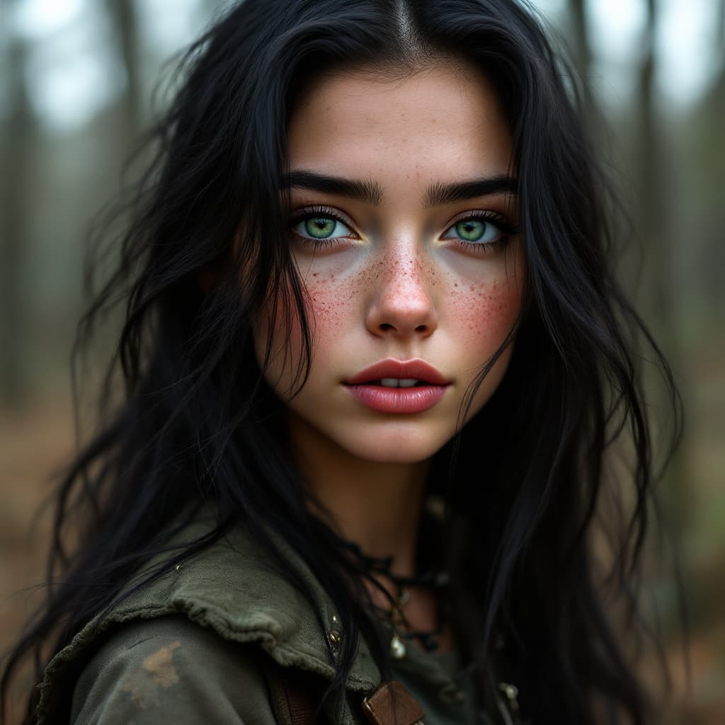 AI generated: 20 year old black haired girl, long black hair, stunning green eyes, freckles. wearing vest and stan...