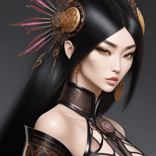 AI generated: a Caucasian x Oriental hybrid woman, romanticism, the bechers' typologies, glossy finish, intricate ...