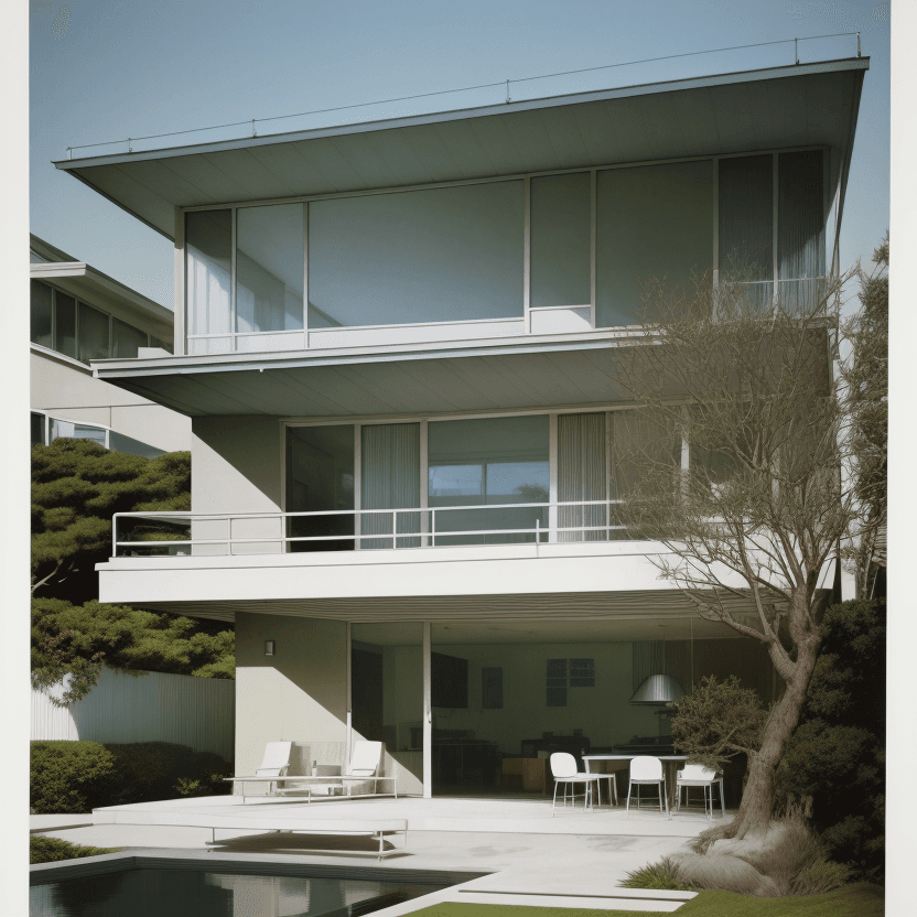 AI generated: Hyper realistic eye level exterior photo of a mid century modern style house overlooking the ocean, ...