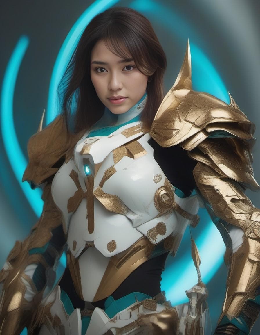 AI generated: a beautiful dmg female with two swords, in the style of robotic expressionism, dark gold and dark cy...