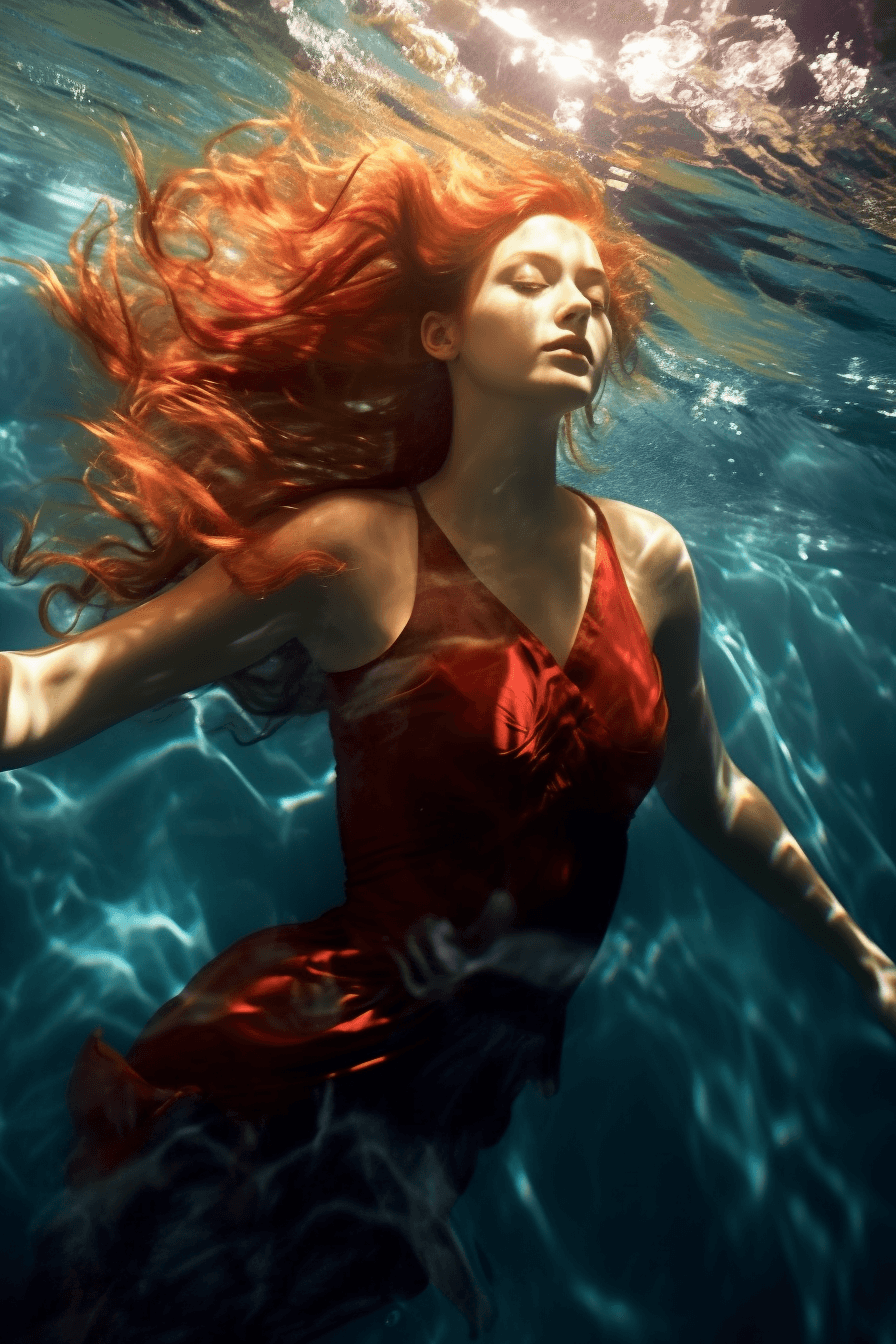 AI generated: A beautiful red hair girl is diving in the blue water, her graceful figure and the light and shadow ...