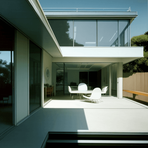 AI generated: Hyper realistic eye level exterior photo of a mid century modern style house overlooking the ocean, ...