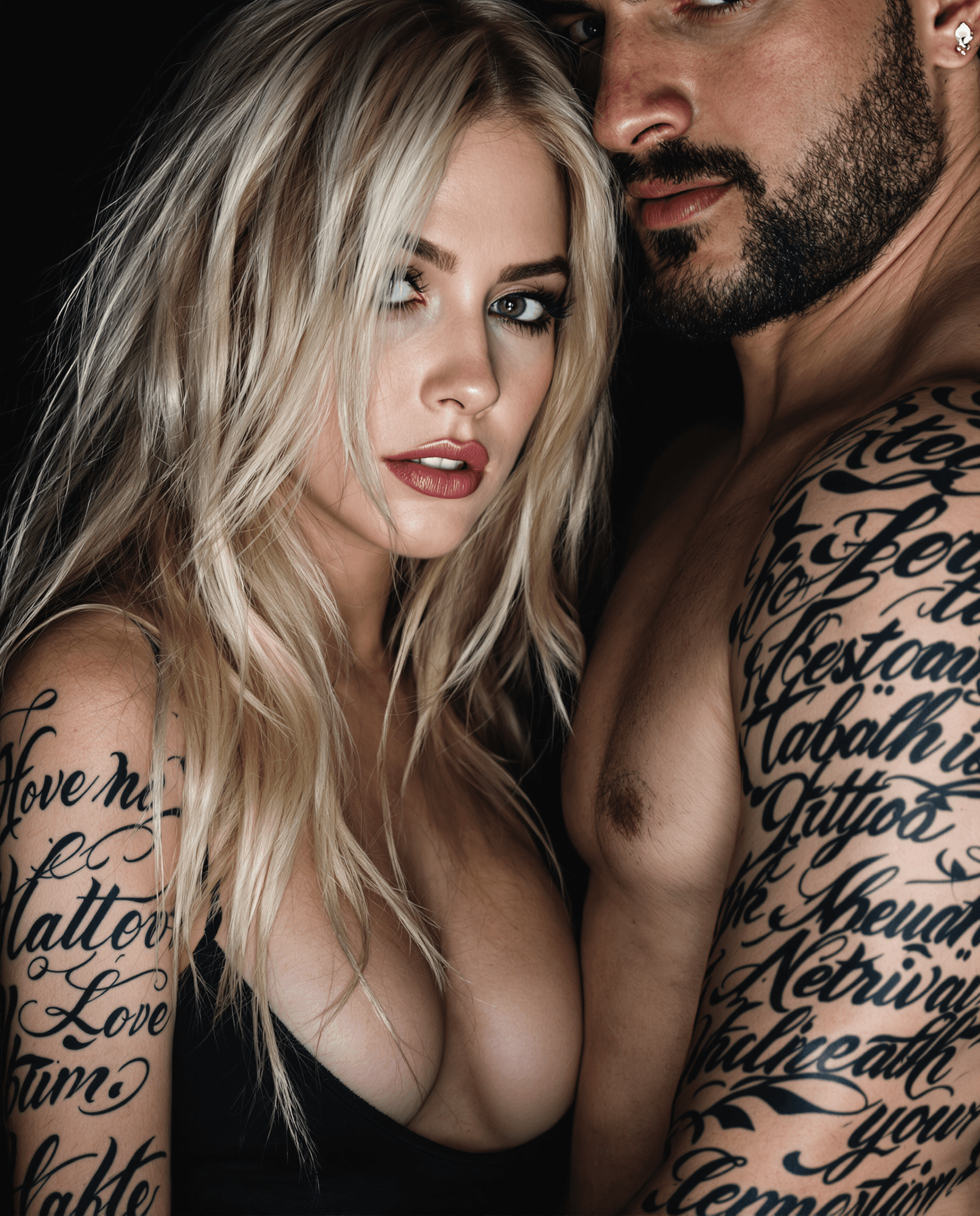 AI generated: Close-up portrait of a young adult Caucasian woman and a man, both with elaborate tattoos.  Woman, m...