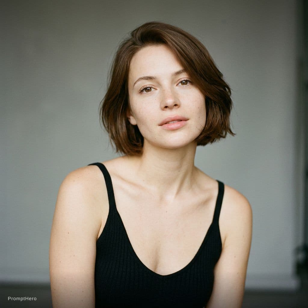 AI generated: The photograph features a young woman with short brown hair and fair skin. She is looking directly a...
