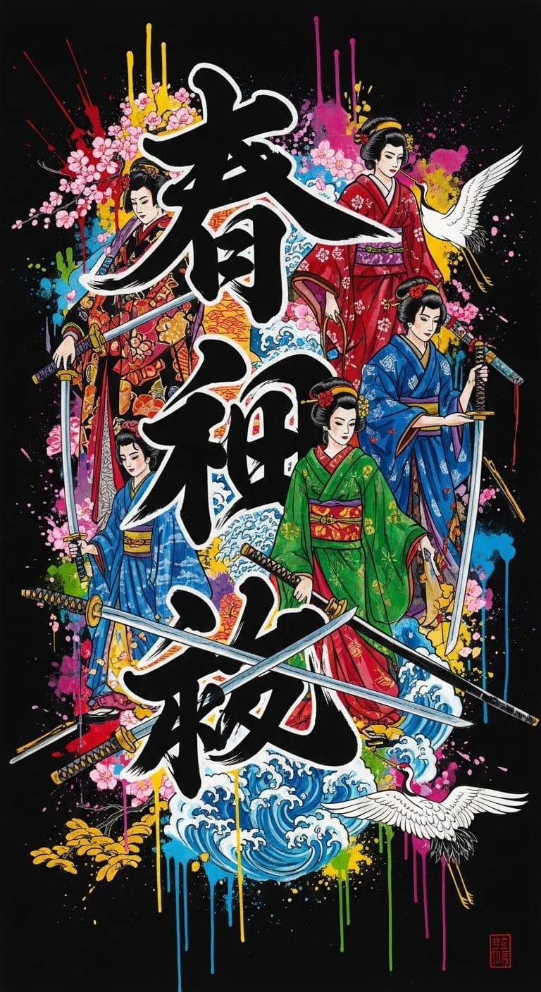 AI generated: Inktype japanese letters,kimonos,katanas,traditional elementi in vibrant colors Blended splatters on...