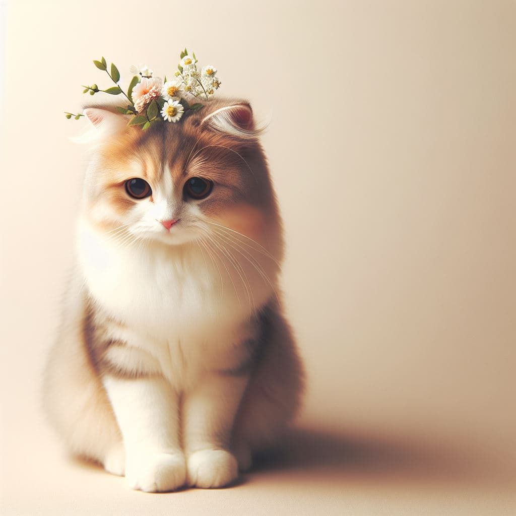 AI generated: a beautiful female cat, sitting in shy, with beautiful flowers on its head, simple background, minim...